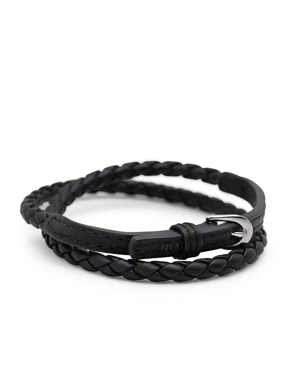 Men's Black Wrap Around Leather Bracelet with Buckle Closure