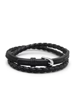 Men's Black Wrap Around Leather Bracelet with Buckle Closure