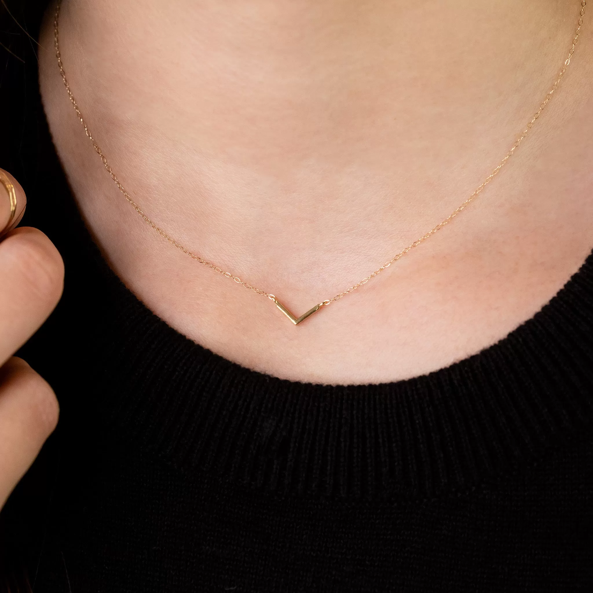 Modern V Bar Link Necklace - 14K Solid Gold