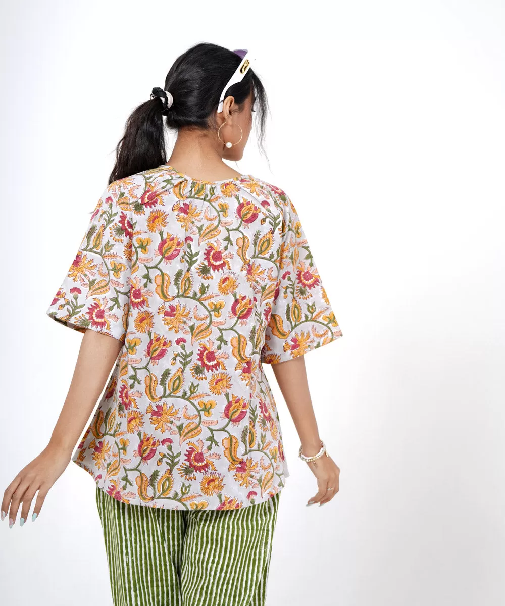 Multicolor floral handblock printed cotton top