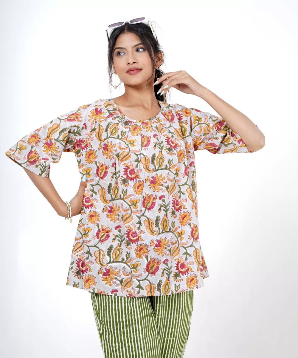 Multicolor floral handblock printed cotton top