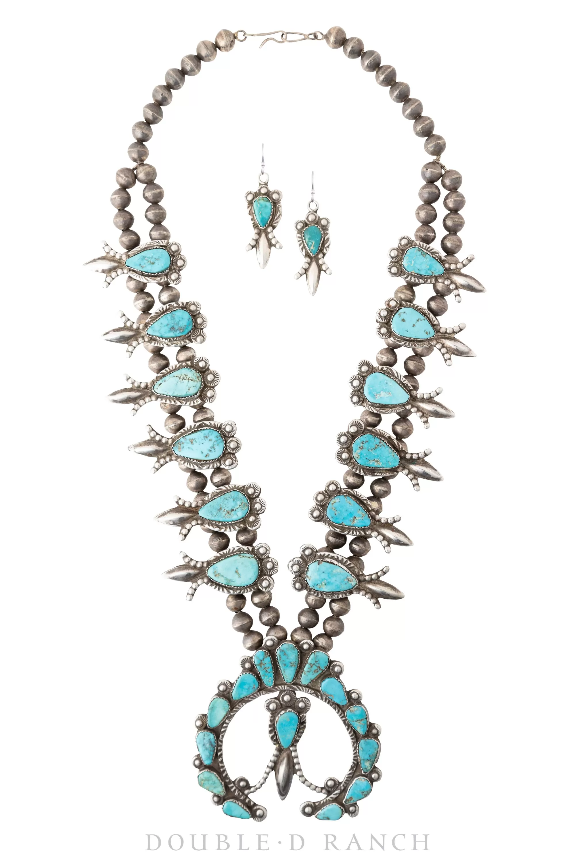 Necklace, Squash Blossom, Turquoise, Matching Earrings, Dan Simplicio Attribution, Vintage ‘50s, 1943