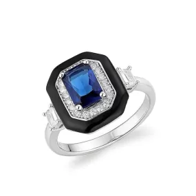 New Black Enamel Sapphire Crystal Square Ring - 925 Sterling Silver