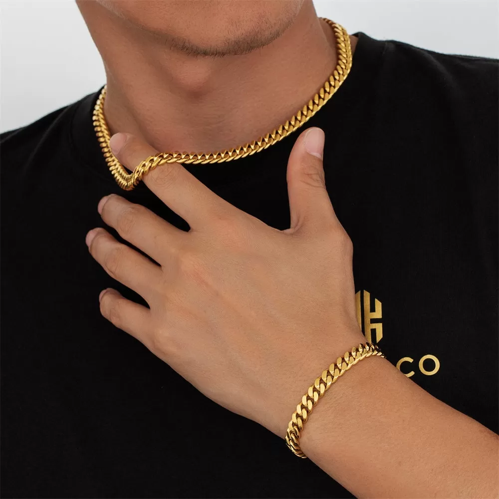 【NEW】8mm Miami Cuban Link Curb Chain and Bracelets Set with Hook Buckle Clasp in 18K Gold