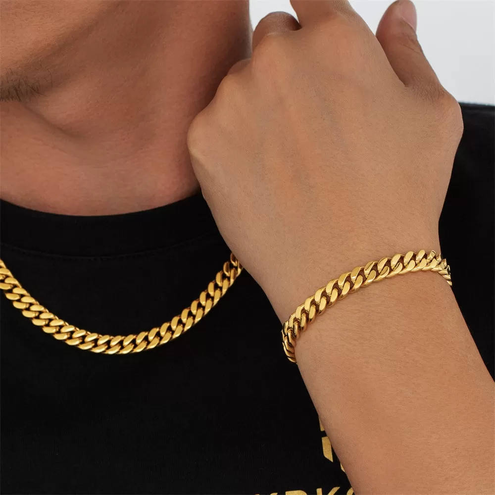 【NEW】8mm Miami Cuban Link Curb Chain and Bracelets Set with Hook Buckle Clasp in 18K Gold