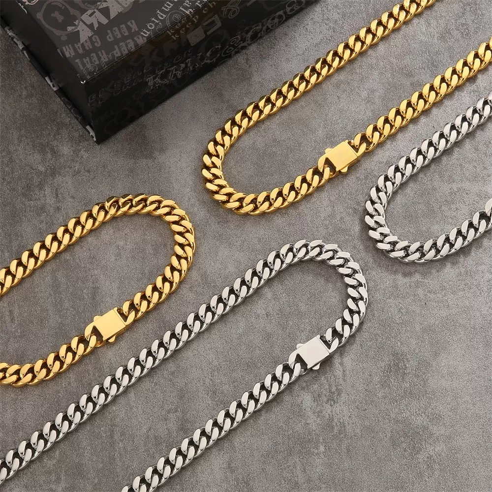 【NEW】8mm Miami Cuban Link Curb Chain and Bracelets Set with Hook Buckle Clasp in 18K Gold