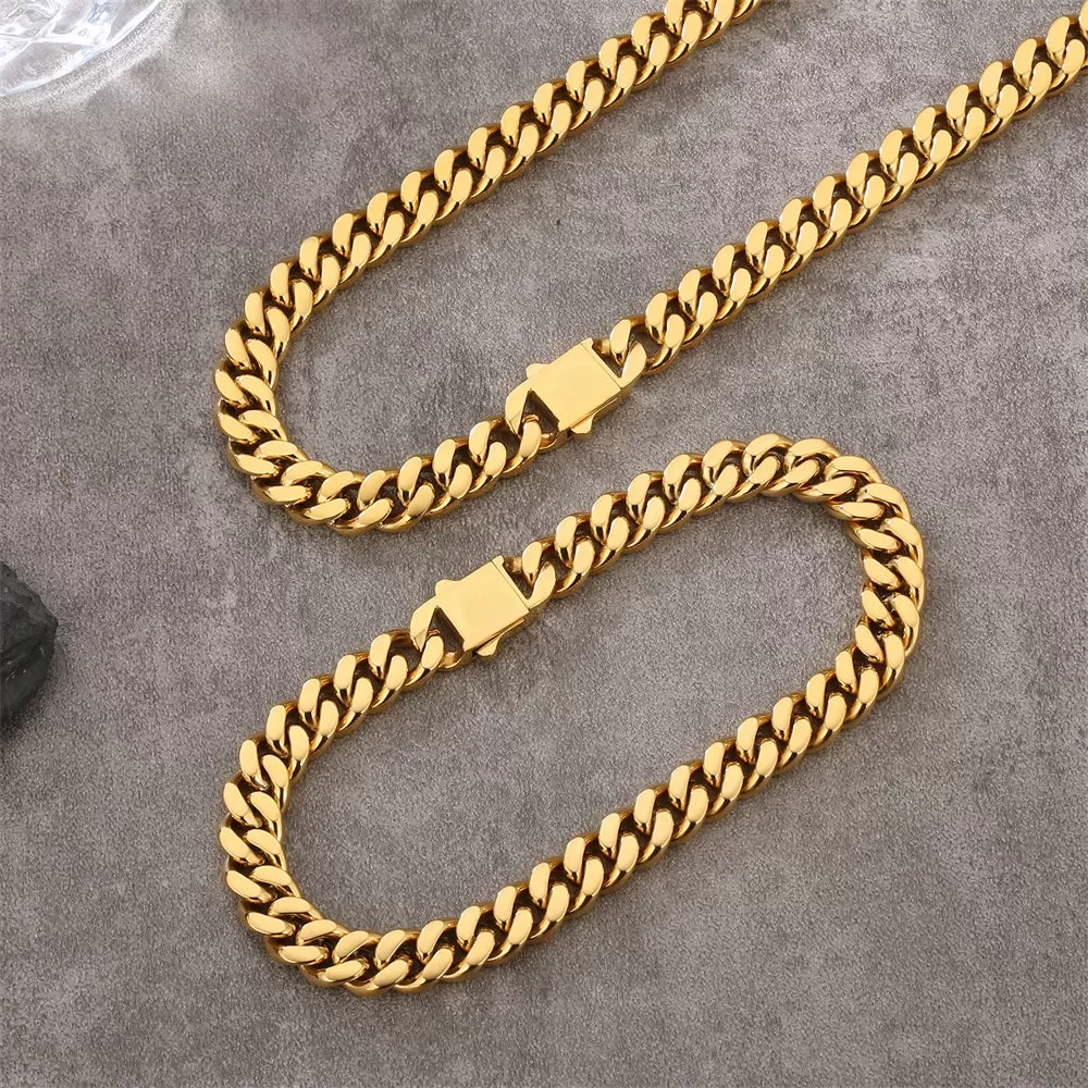 【NEW】8mm Miami Cuban Link Curb Chain and Bracelets Set with Hook Buckle Clasp in 18K Gold