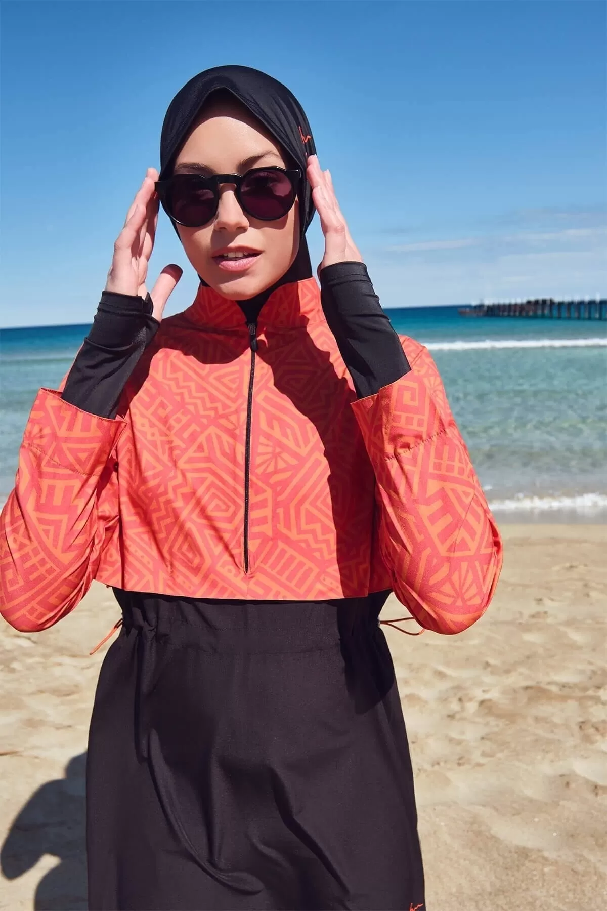 Orange Black Gilet Full Hijab Swimsuit - Hasema