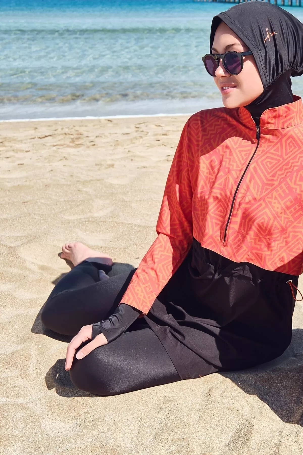 Orange Black Gilet Full Hijab Swimsuit - Hasema