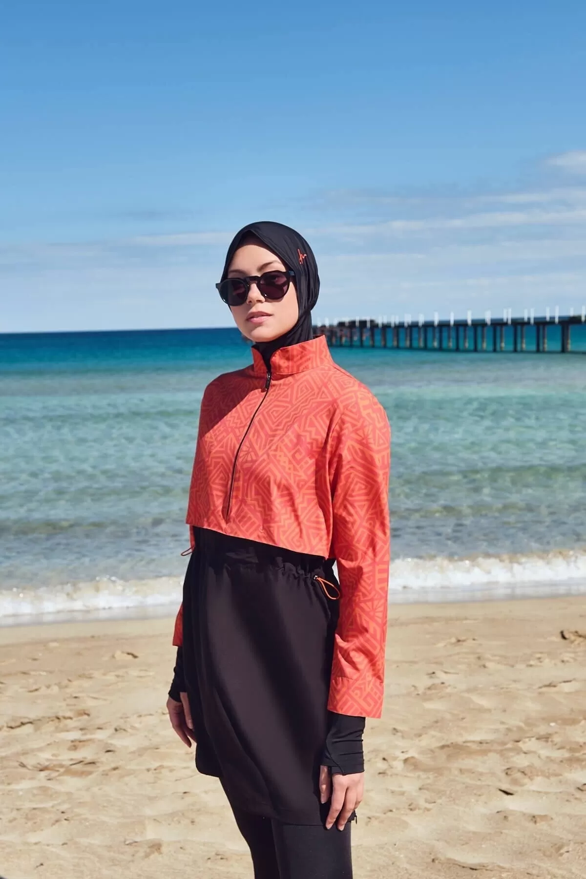 Orange Black Gilet Full Hijab Swimsuit - Hasema