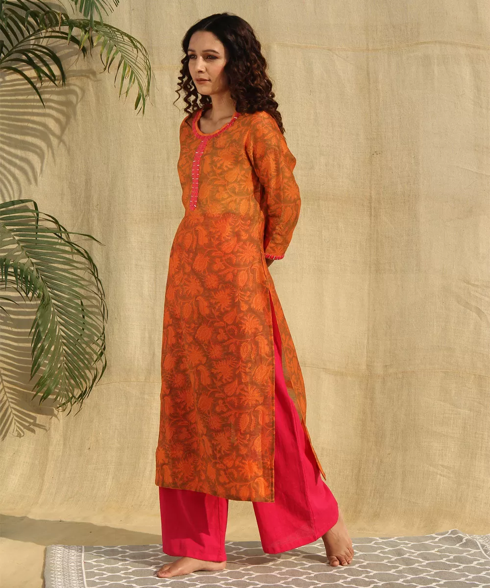 Orange red handblock printed chanderi silk kurta set of-2