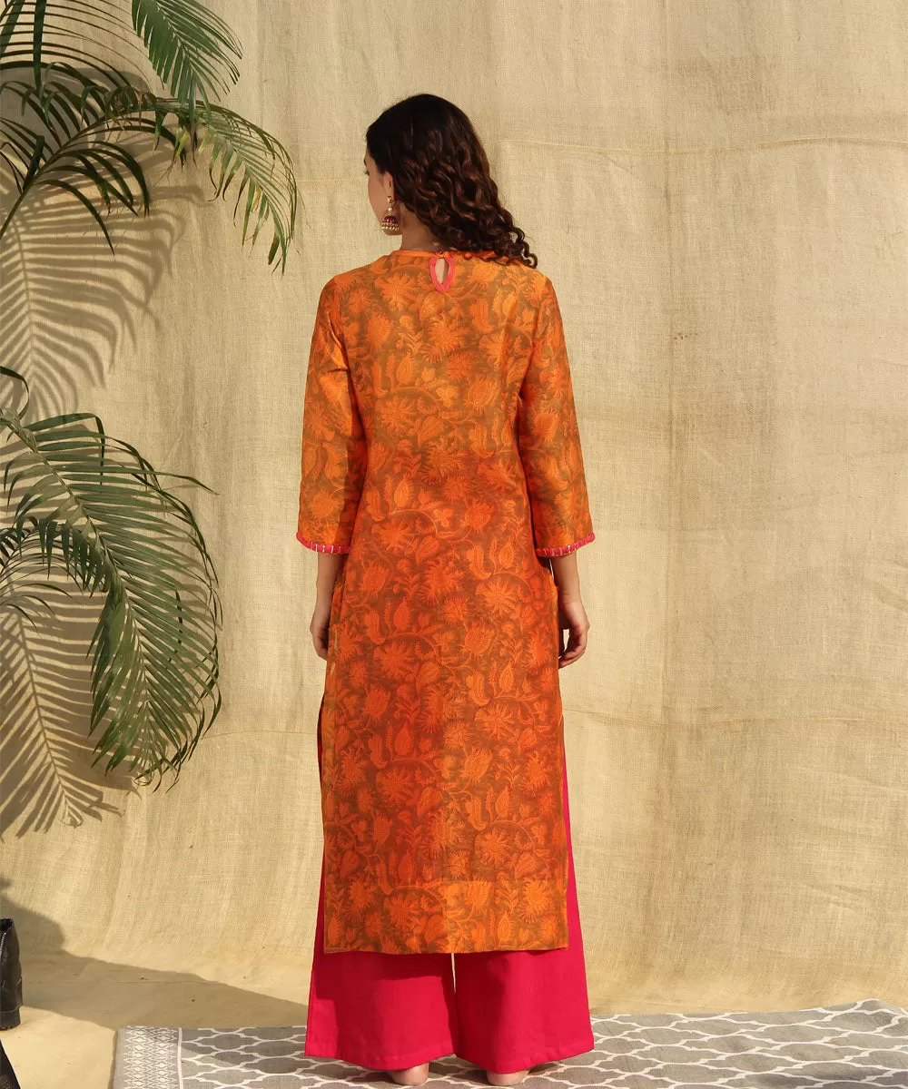 Orange red handblock printed chanderi silk kurta set of-2