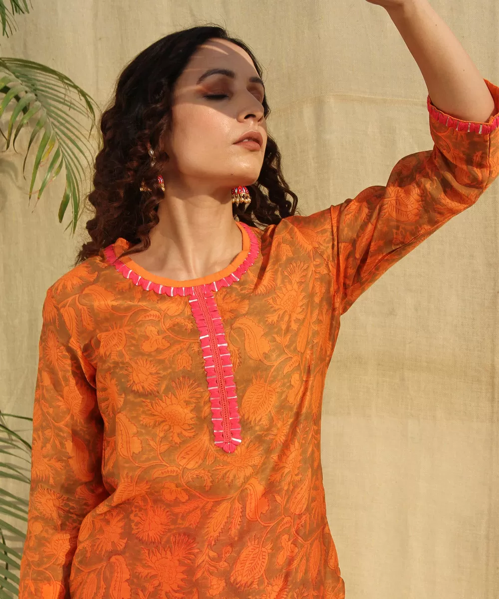 Orange red handblock printed chanderi silk kurta set of-2