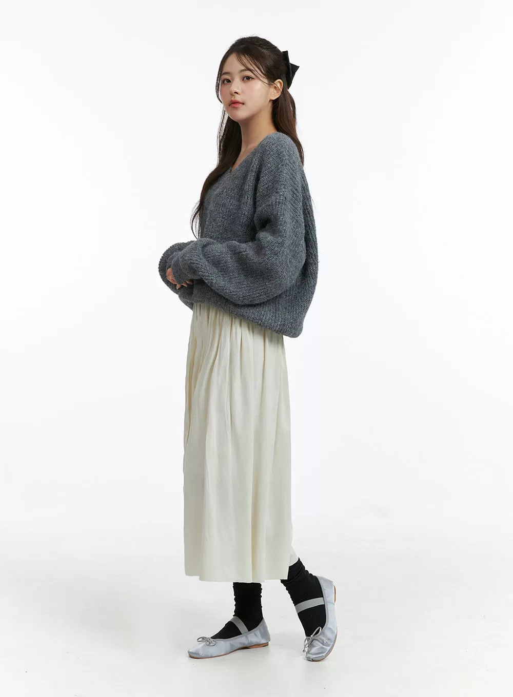 Oversized V-Neck Solid Long Sleeve Sweater OJ411