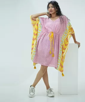 Pink yellow handblock printed modal kaftan