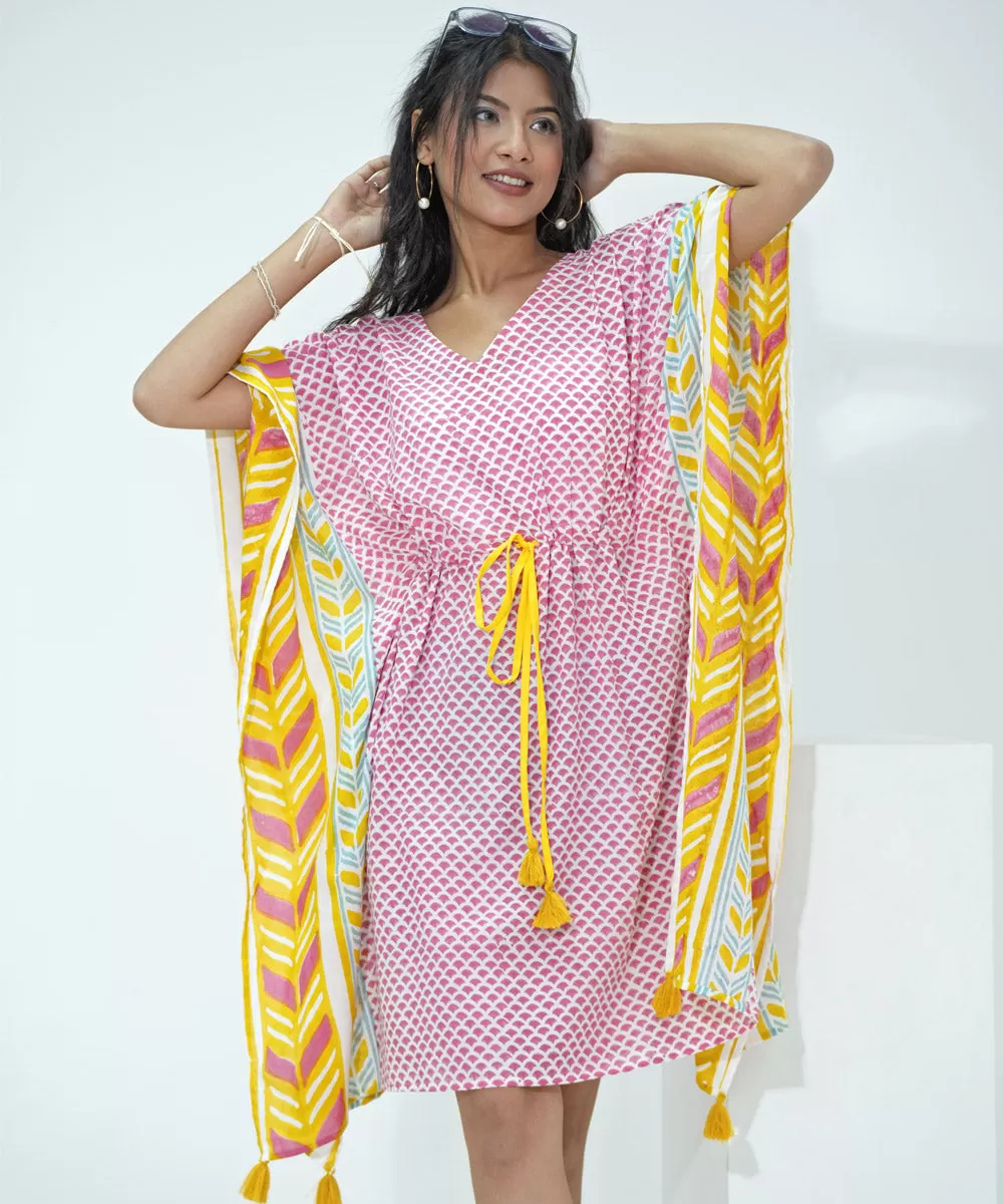 Pink yellow handblock printed modal kaftan