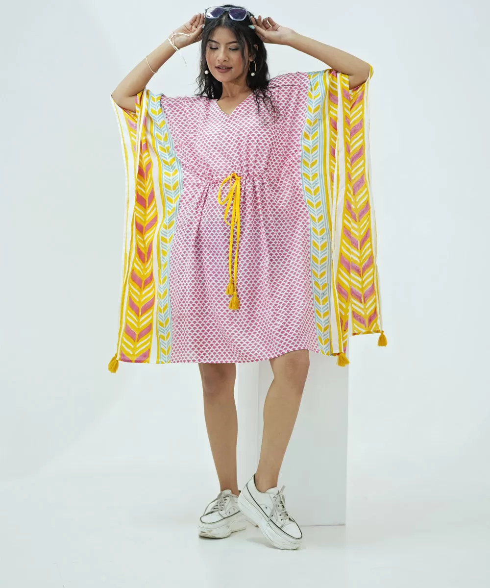 Pink yellow handblock printed modal kaftan