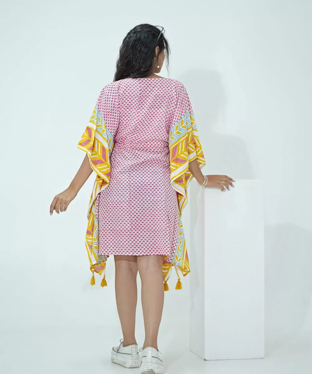 Pink yellow handblock printed modal kaftan