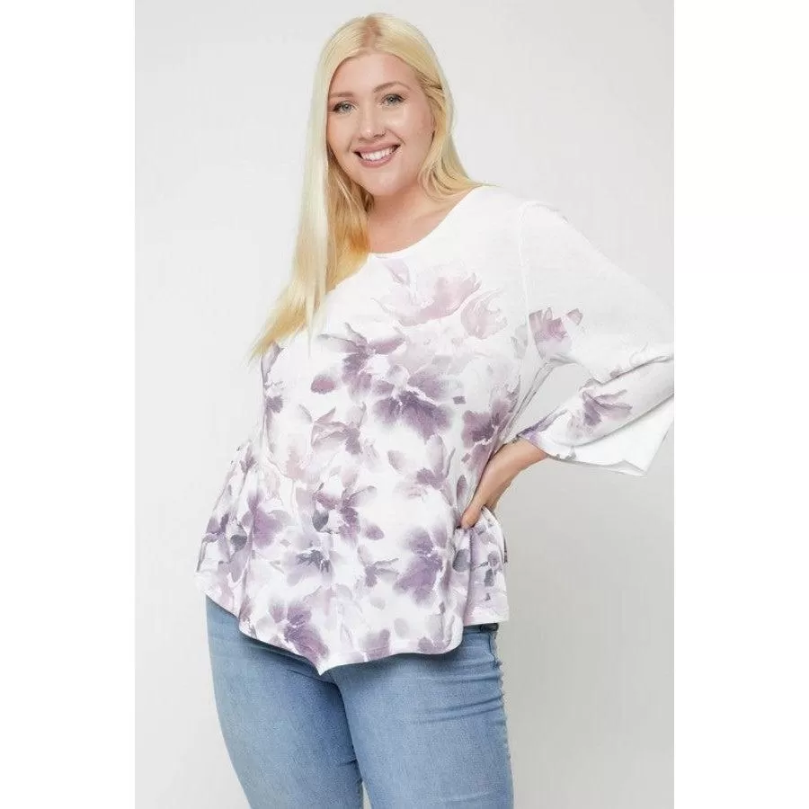 Print Top Featuring A Round Neckline And 3/4 Bell Sleeves