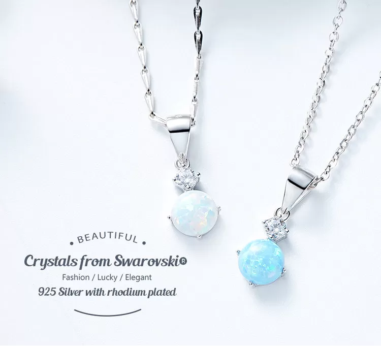 Round Shaped Blue White Opal Necklace With Zirconia AAA