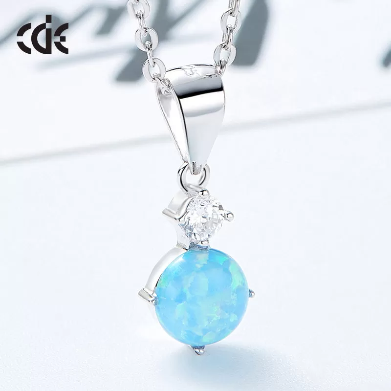 Round Shaped Blue White Opal Necklace With Zirconia AAA