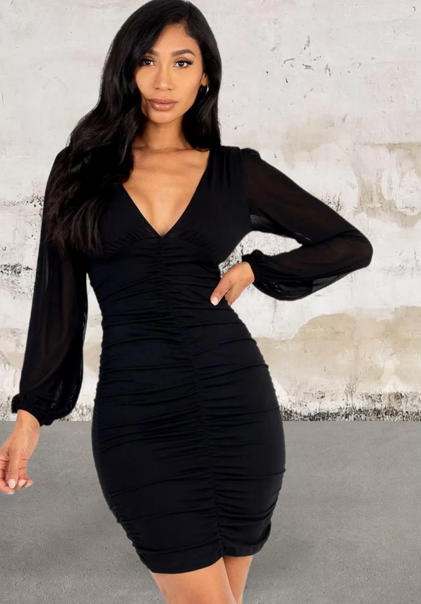 Ruched mesh long sleeve v-neck mini dress