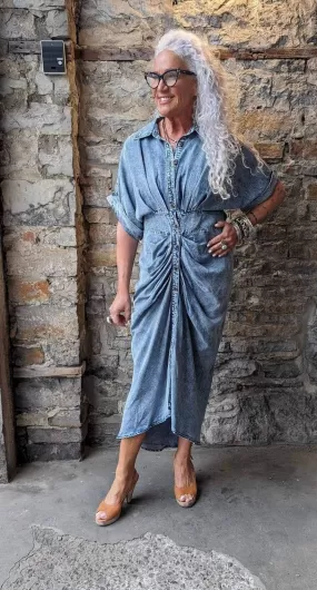 Short Sleeve Maxi Jean Shirt Dress  -Denim Blue