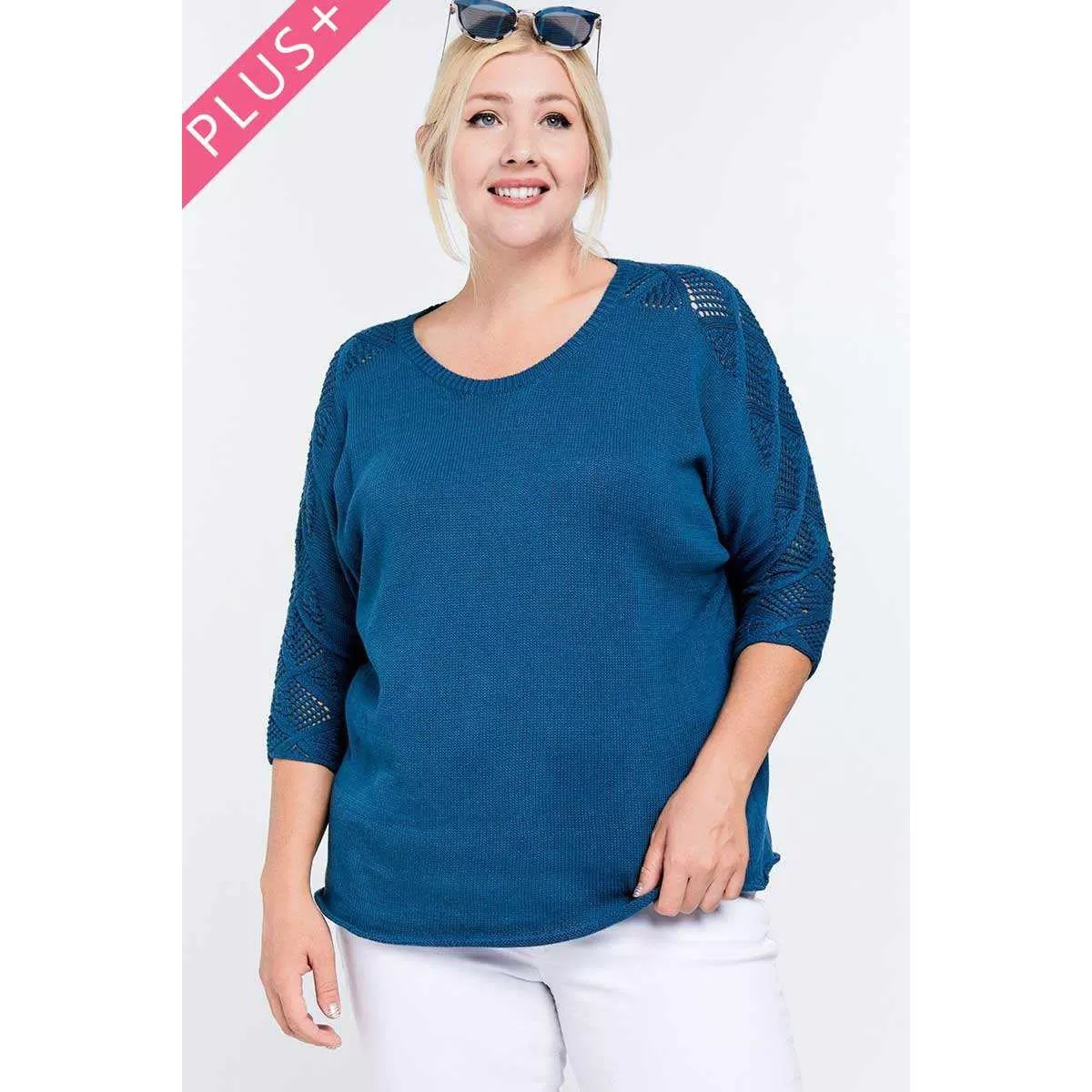 Solid Round Neck 3/4 Sleeve Sweater Top