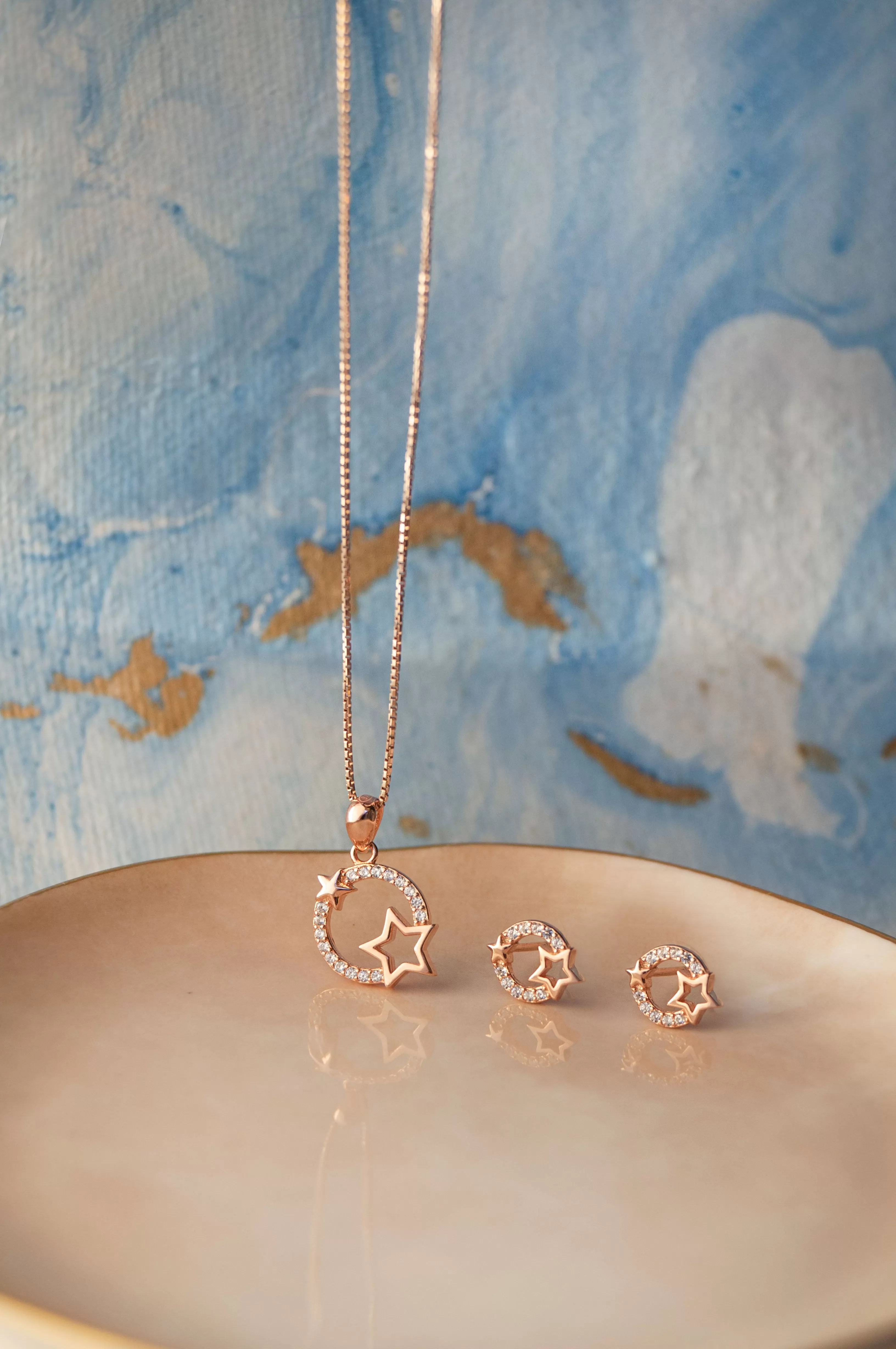 Star Orbit Rose Gold Plated Sterling SIlver Pendant Set