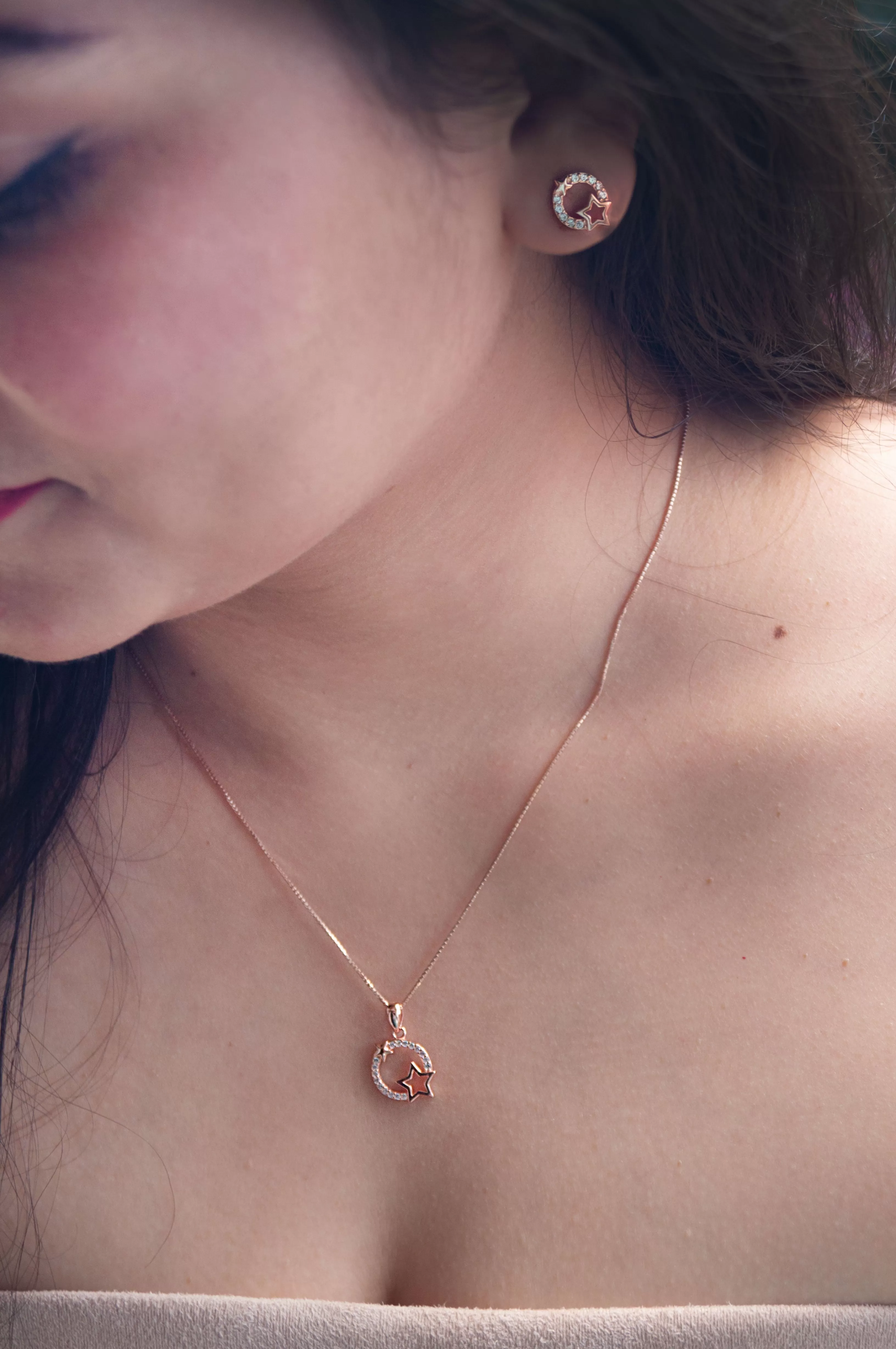 Star Orbit Rose Gold Plated Sterling SIlver Pendant Set