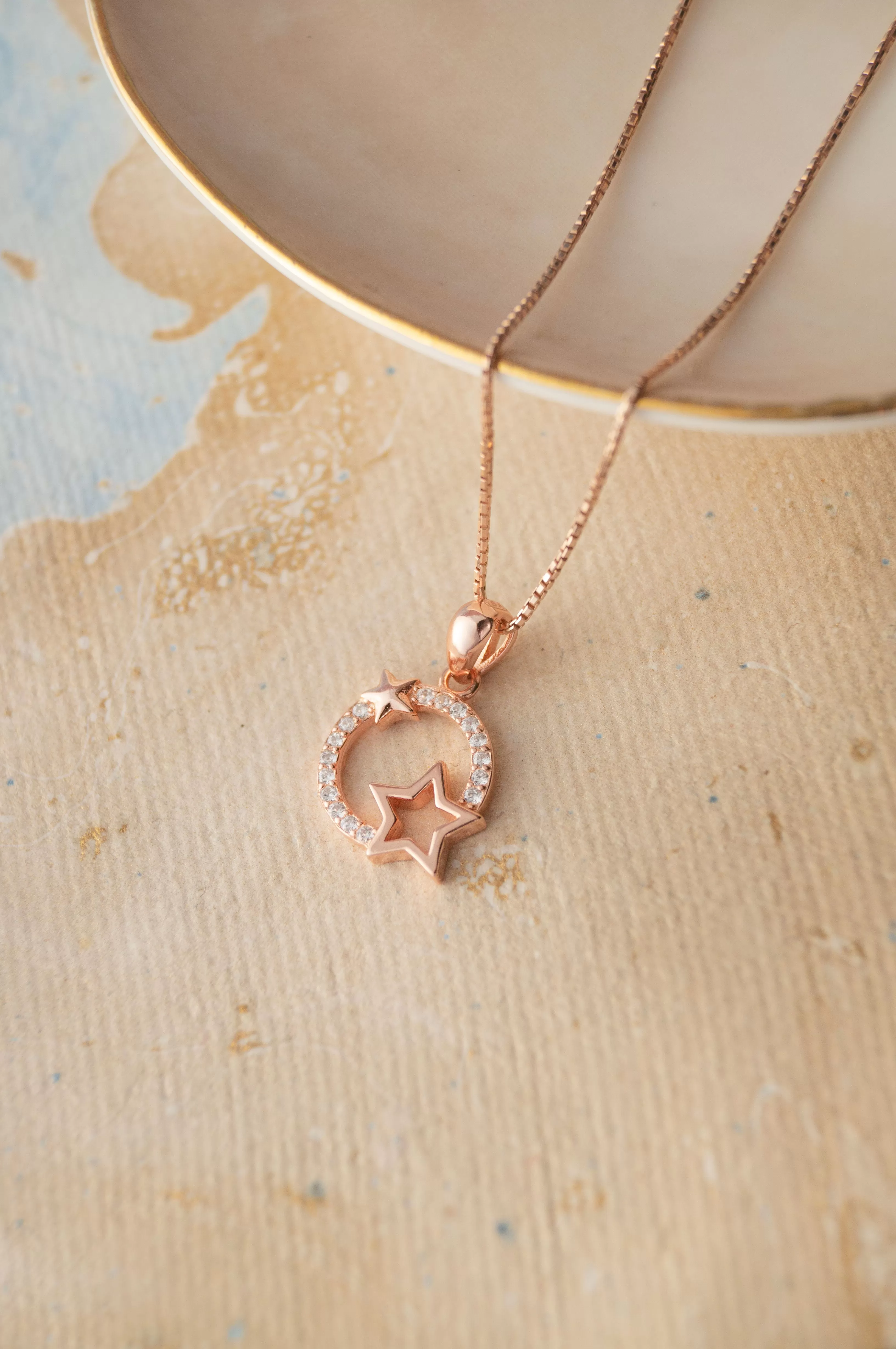 Star Orbit Rose Gold Plated Sterling SIlver Pendant Set