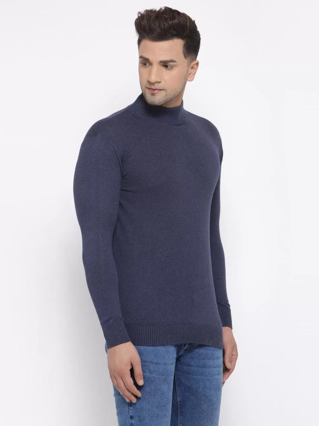 Style Quotient Men Solid Dark Blue Knitted Regular Sweatshirt