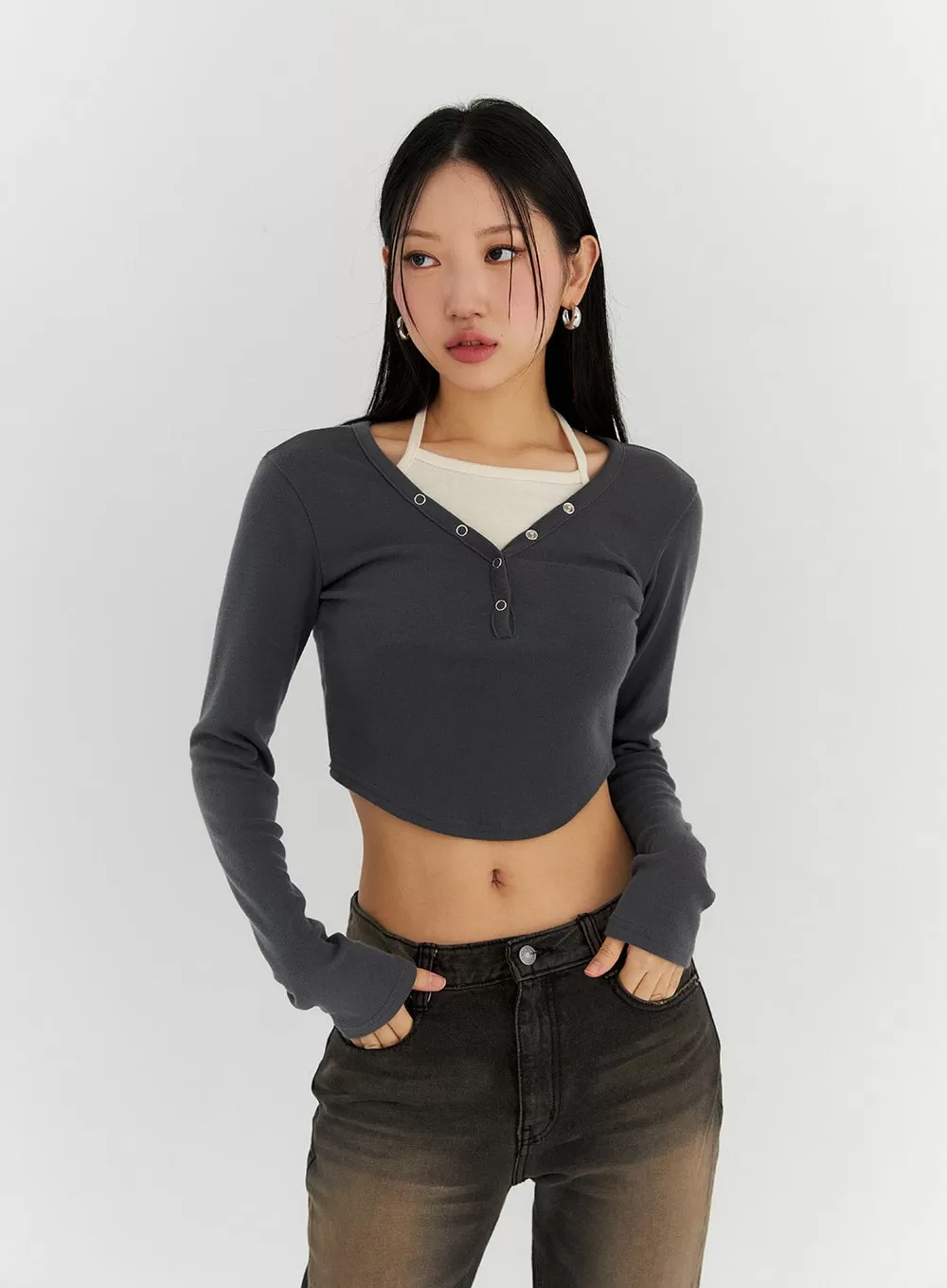 V-Neck Buttoned Crop Top CN315