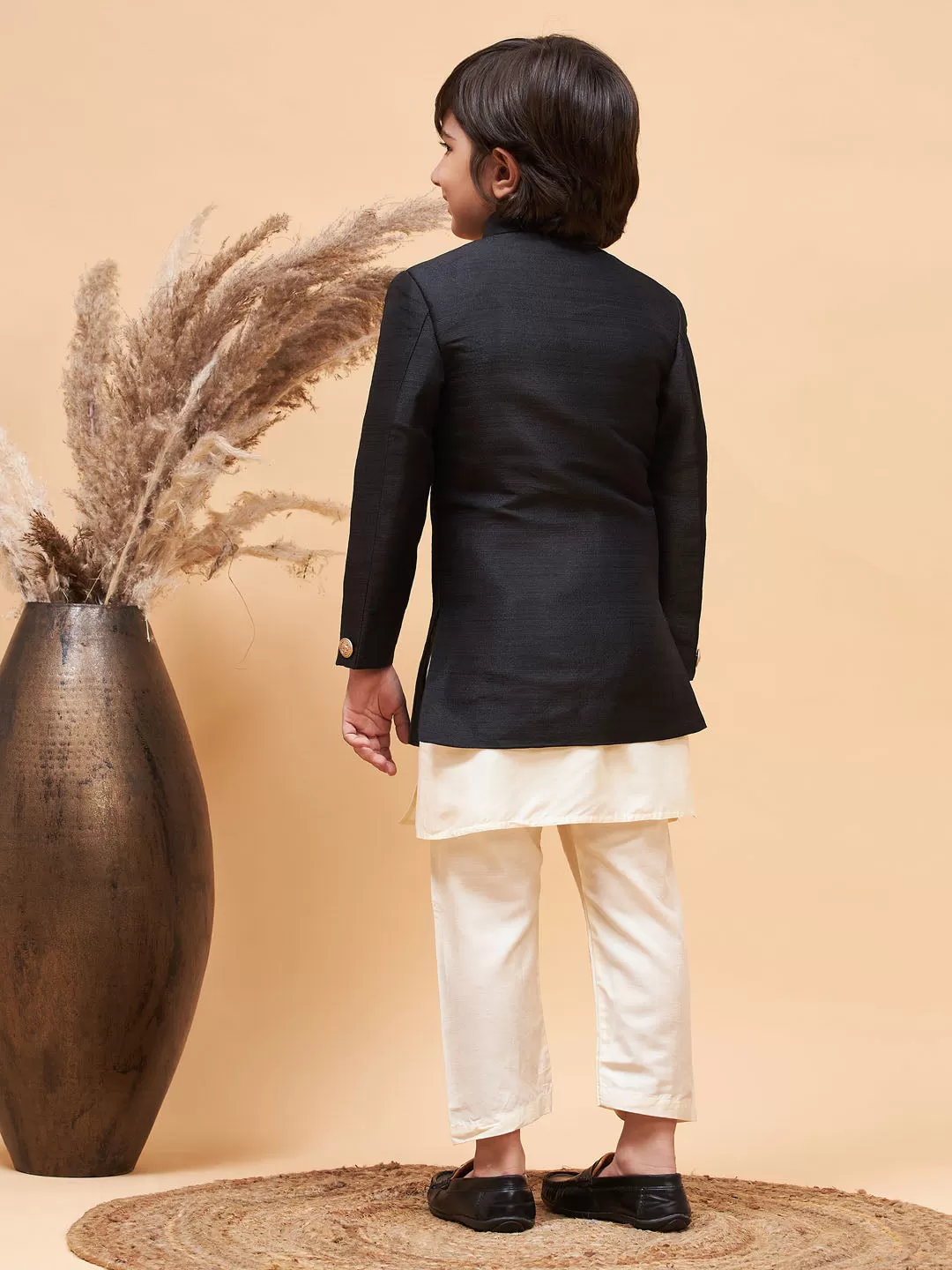 VASTRAMAY Boy's Black Indo Western Jacket With Cream Kurta And Pyjama Set