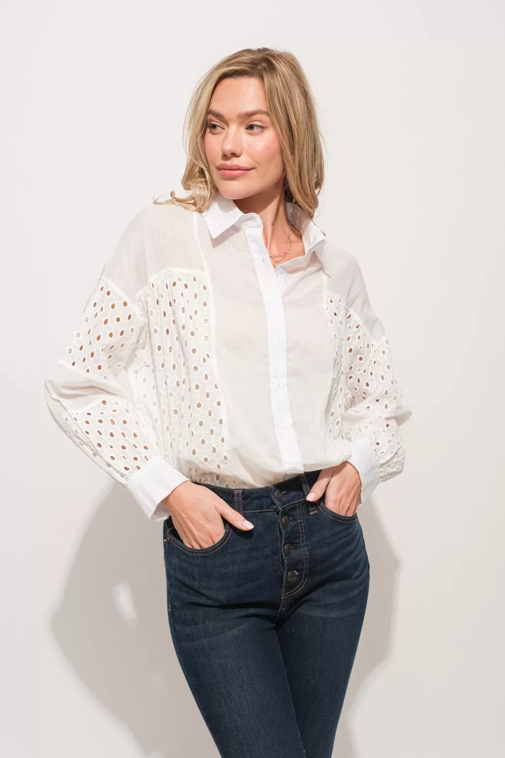 White Eyelet Long Sleeve Shirt