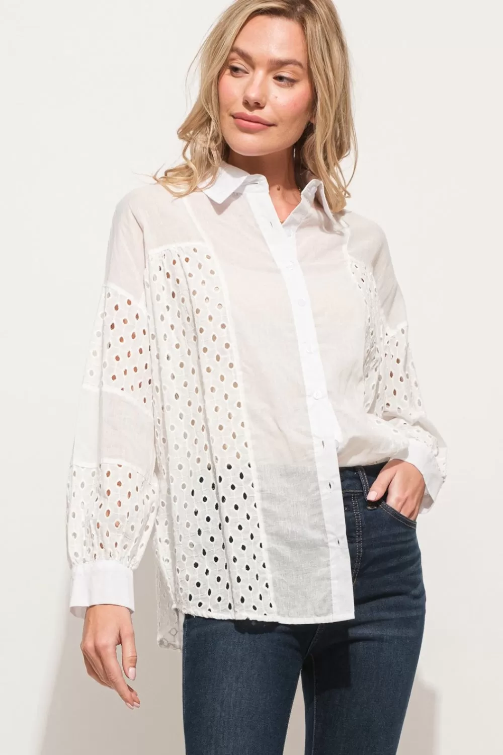 White Eyelet Long Sleeve Shirt