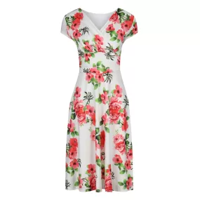 White Floral Print Capped Sleeve Wrap Effect Tea Dress