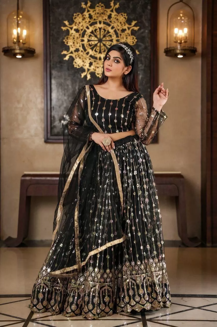 Women Black Sequin Embroidery Lehenga Choli Dupatta set